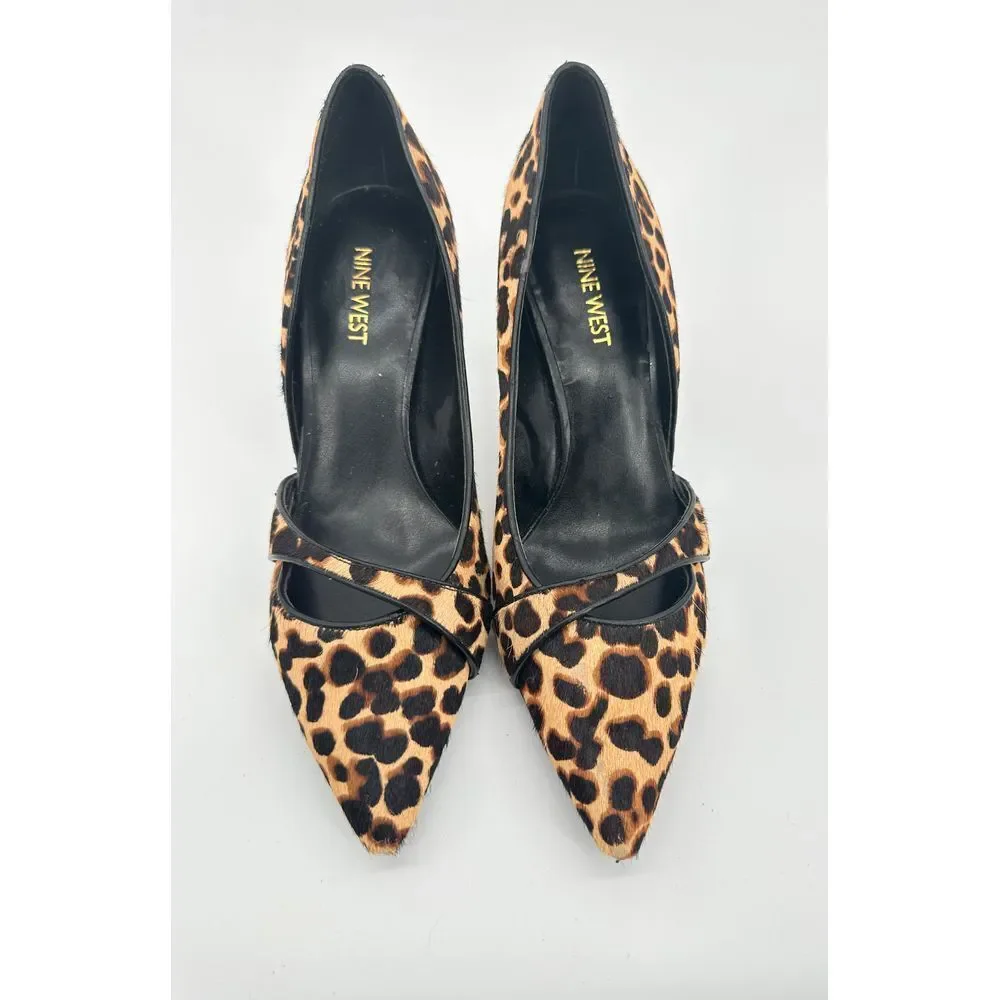 Nine West Women's Kimery Pump Sz 7.5M Pointed D'Orsay Heel Leopard Calf Hair NEW
